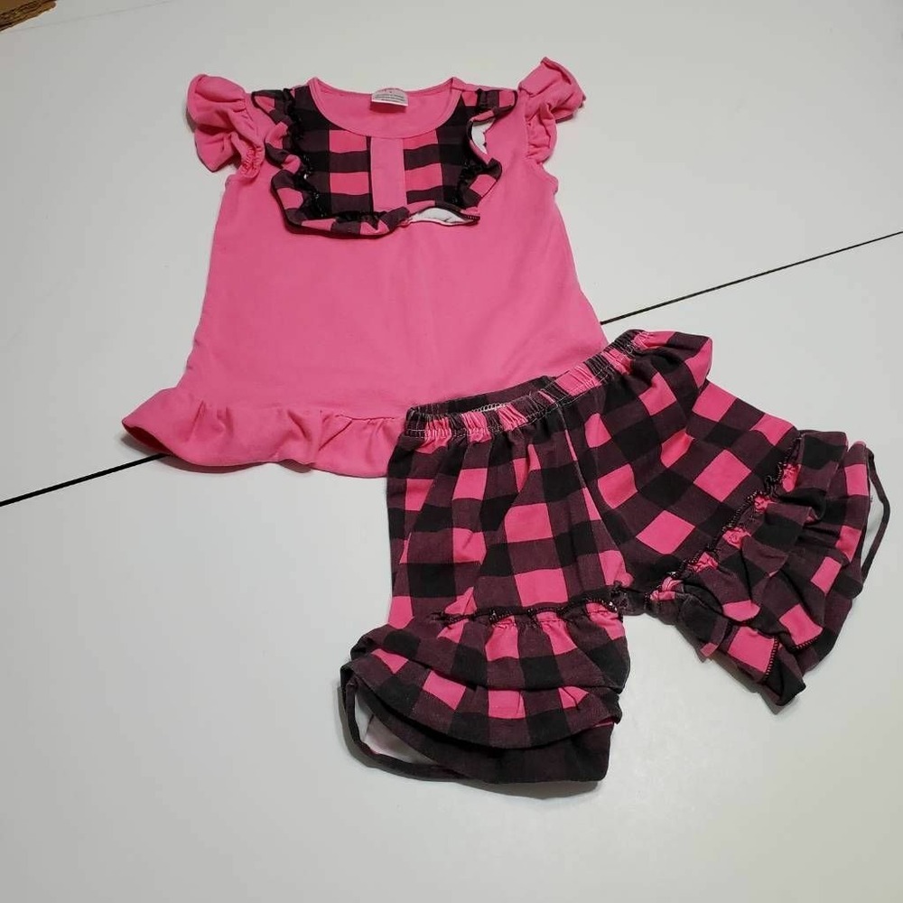 Girls Top And Shorts Set Pink Plaid Cap Sleeve Ruffle Stretch Elastic Waist S
